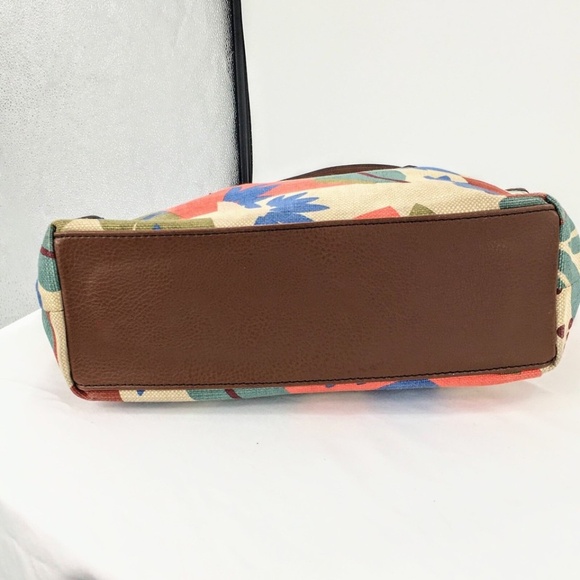 Fossil Canvas Tote Tan Floral Leaf Print Zip Top Medium Textile Shoulder Bag - Picture 9 of 16